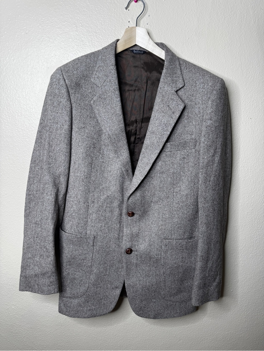 Vintage Raffinati Men’s Medium Gray Wool Herringbone Blazer Brown Elbow Patches